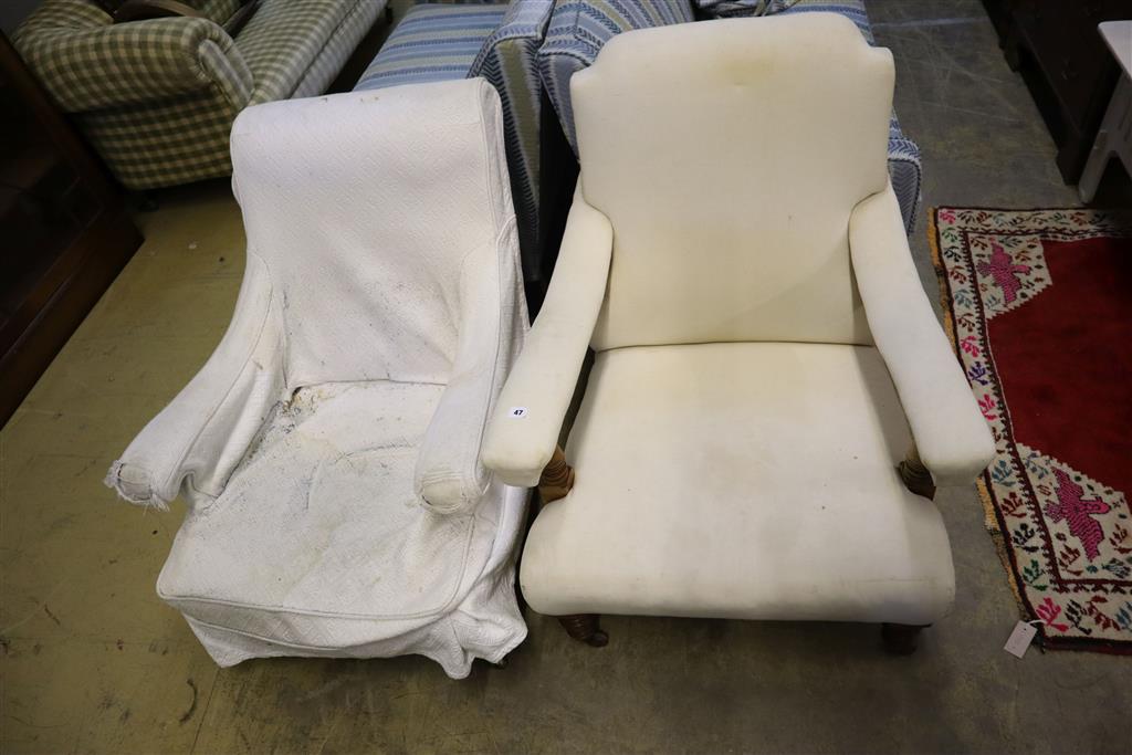 A near pair of Victorian upholstered oak open armchairs, larger 78 x 86cm, height 90cm